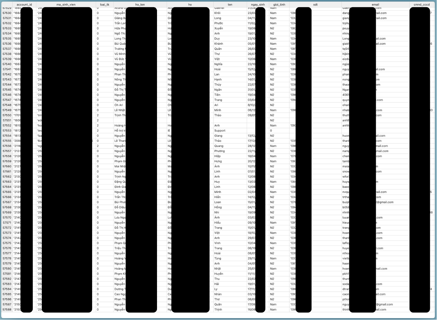 Sample student account data from API
